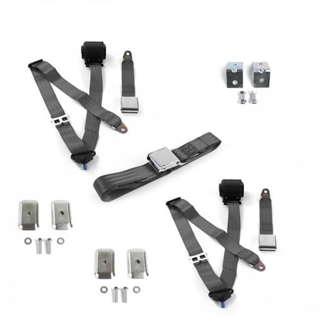 Jeep Jeepster 1966-1973 Airplane 3 Point Charcoal Retractable Bench Seat Belt Kit with Bracketry - 3 Belts