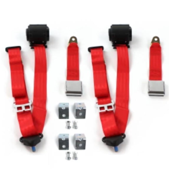 Jeep Jeepster 1966-1973 Airplane 3 Point Red Retractable Bucket Seat Belt Kit with Bracketry - 2 Belts