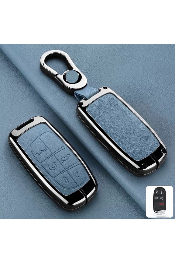 for Jeep Key Fob Cover with Keychain, Blue Leather Rhinestone Key Case Protection Shell Compatible with Grand Cherokee Renegade Dodge Durango Challenger Journey Bling Car Accessories