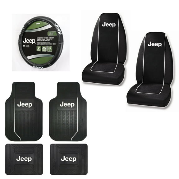 Jeep Logo 2 Front Vinyl Floor Mats and 2 Rear Vinyl Floor Mats with 2 Seat Covers Plus Wheel Cover Set