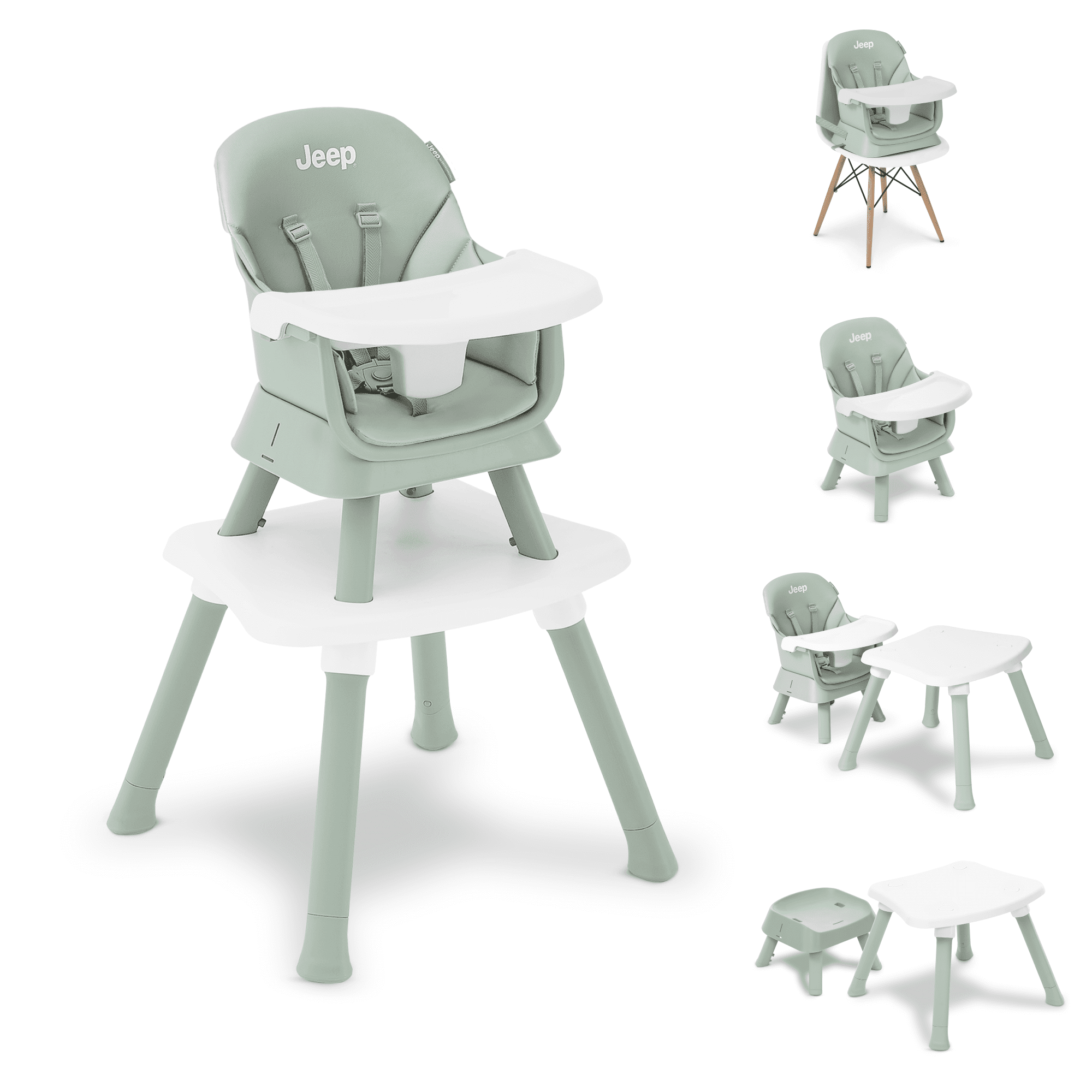 Jeep Milestone 6-in-1 High Chair by Delta Children - High Chair Converts to Stool, Booster Seat, Toddler Chair, Activity Table and Desk and Chair, Sage Green
