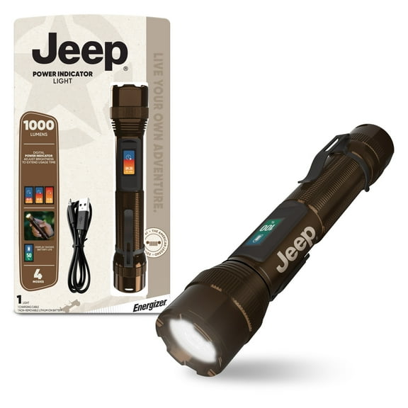 Jeep Rechargeable LED Flashlight with Power Indicator, High Powered 1,000 Lumens, EDC Torch Light, Durable for Camping, Tactical, Emergency Use, Running and Hunting
