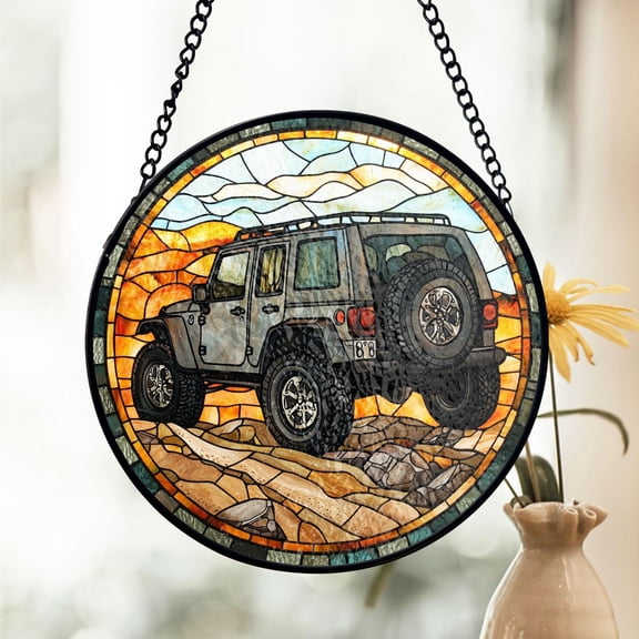 Jeep Stained Glass Suncatcher, Off-Road Adventure Window Decor, Outdoor Explorer Theme, Dad Gift for Jeep Lovers, Fathers Day Gift Idea