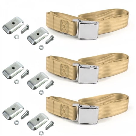 Jeep Wagoneer 1963-1991 Airplane 2 Point Tan Lap Bench Seat Belt Kit with Bracketry - 3 Belts