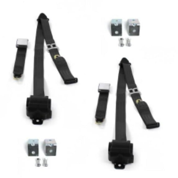 Jeep Willys 1944-1952 Airplane 3 Point Black Retractable Bucket Seat Belt Kit with Bracketry - 2 Belts