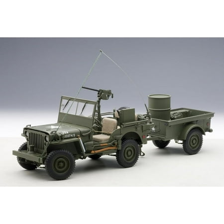 Jeep Willys in Army Green w Trailer and Accessories Model Car by AUTOart in 1:18 Scale