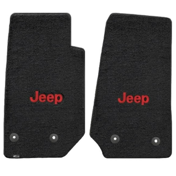 Jeep Wrangler 2014-2015 2 Piece Front Black Velourtex Red Jeep Logo Mat - Black