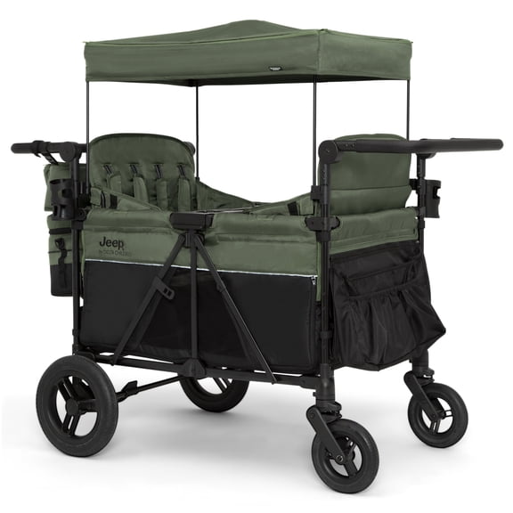 Jeep Wrangler Deluxe 4 Seater Stroller Wagon by Delta Children - Premium Quad Stroller Wagon for 4 Kids with Convertible Seats, Adjustable Push/Pull Handles, Removable Canopy & Flat Fold, Black/Green