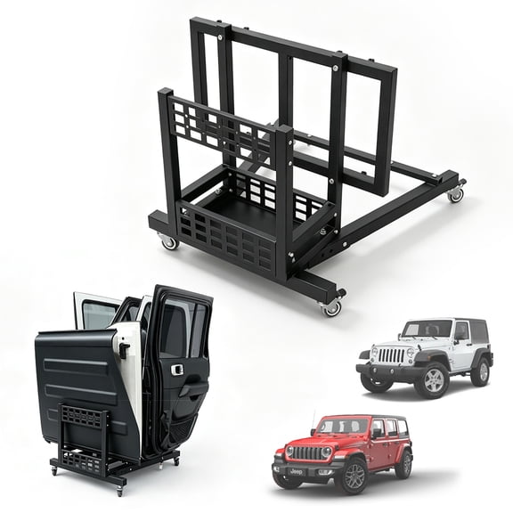 Jeep Wrangler Door and Hardtop Storage Cart 2007-2026 JK JL Gladiator JT, Heavy-Duty Rolling Organizer with Storage Box and MOLLE Panel, Garage Rack for Removable Doors and Hard Top