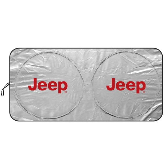 Jeep in Red Logo Universal Fit One-Piece Easy Folding Silver Reflective Fabric Windshield Sun Shade (size: 64"x 32")