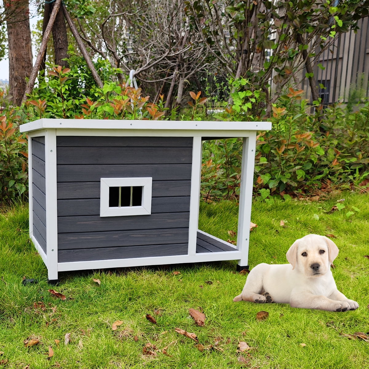 Gray and White Wooden Outdoor Dog House with Porch