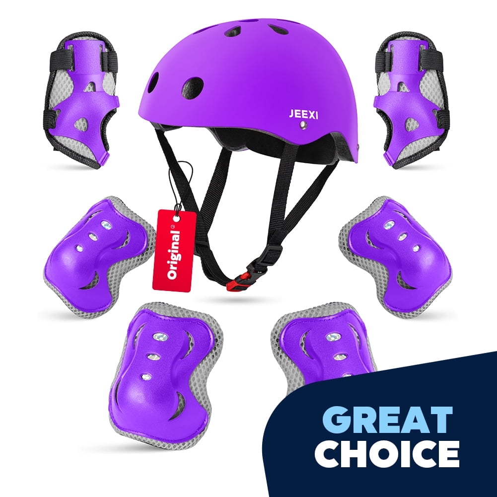 JEEXI 7 Pack Kids Protective Gear with Helmet, Knee & Elbow Pads, Wrist Guards for Skateboard, Roller Skates, Bike, Scooter (Purple)