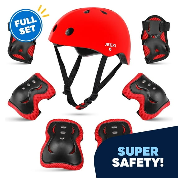 JEEXI 7 Pack Knee & Elbow Pads for Kids Youth Children Guards Protective Gear Pad Set for Roller Skates Cycling BMX Bike Skateboard Inline Skating's Scooter Riding Sports (Red)