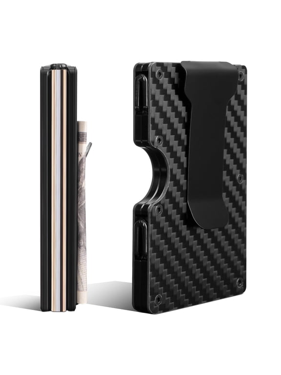 Slim Wallet for Men - RFID Blocking Carbon Fiber Money Clip & Cash Strap - Minimalist Front Pocket Wallet Credit Card Holder For Him - 14 Cards