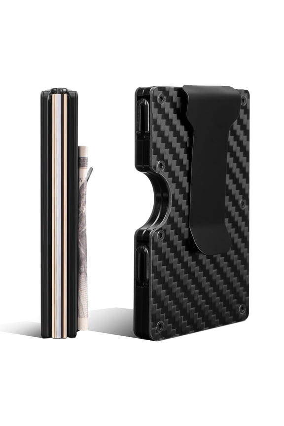 Slim Wallet for Men - RFID Blocking Carbon Fiber Money Clip & Cash Strap - Minimalist Front Pocket Wallet Credit Card Holder For Him - 14 Cards