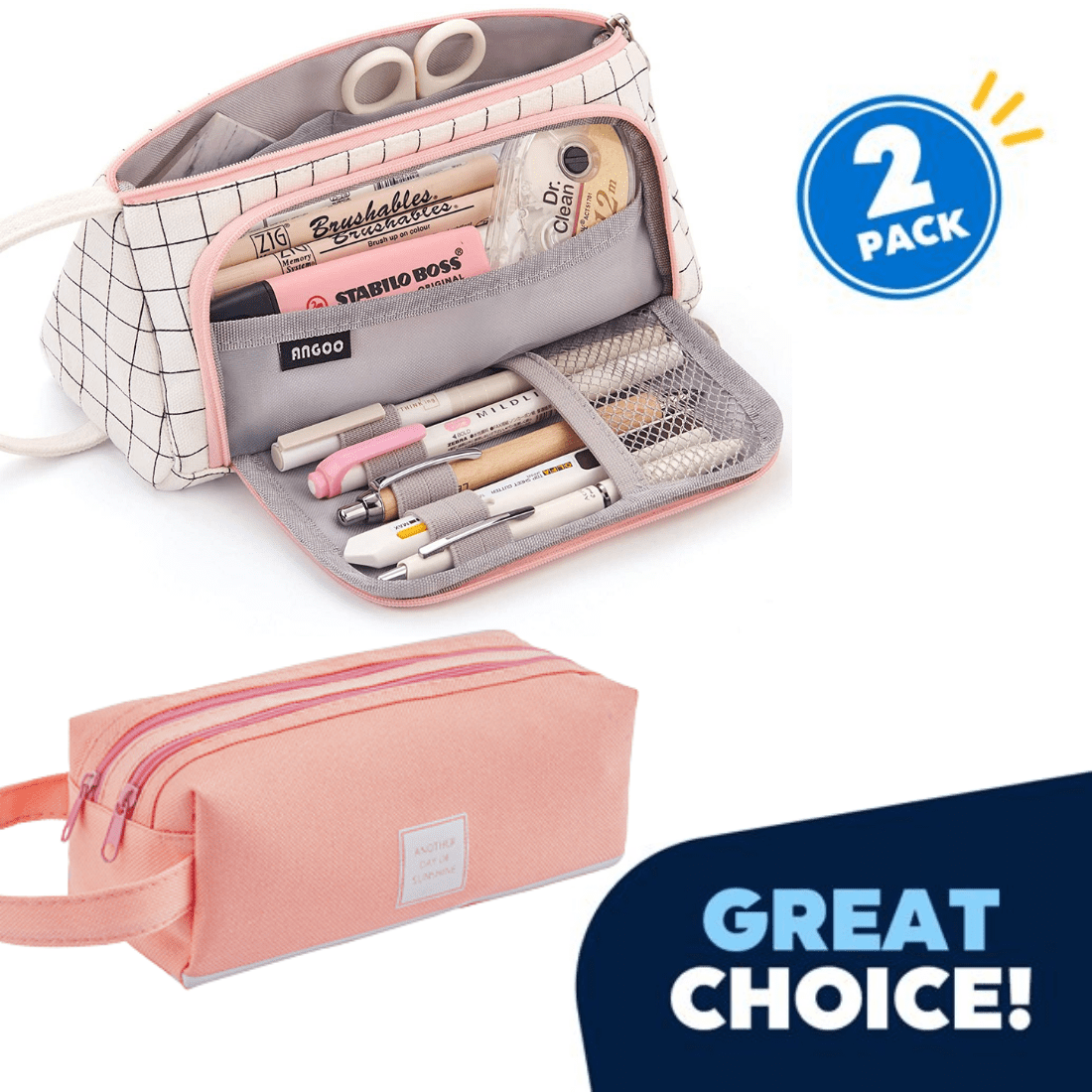 Jeexi Large Capacity Colored Canvas 2 Pack - Storage Pouch Marker Pen Pencil Case Simple Stationery Bag Holder For Middle High School Office College Student Girl Women Adult Teen Gift White Plaid
