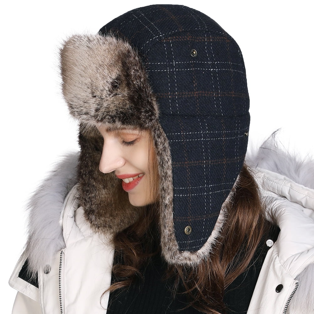 Women's Fur Trapper Hat with Sheepskin Earflap Bomber Hat Men's