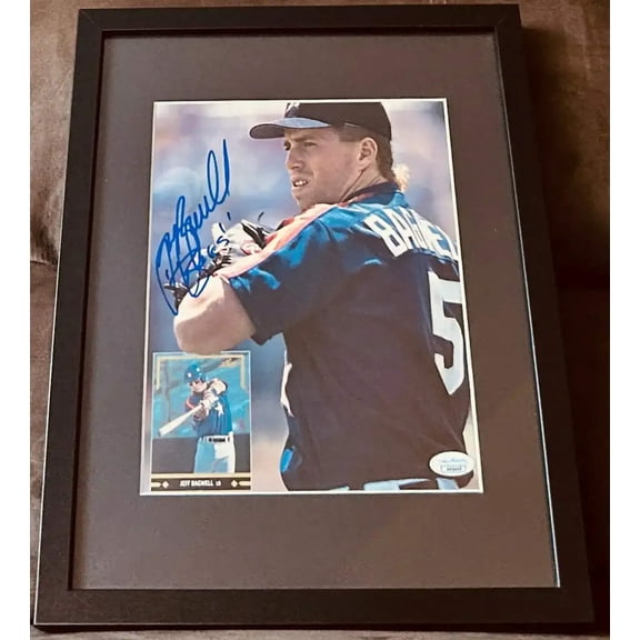 Jeff Bagwell signed Astros Beckett Baseball photo with Bags framed JSA