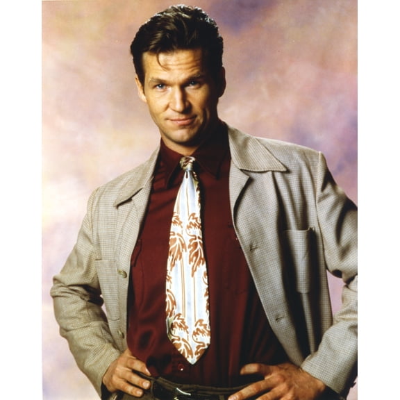 Jeff Bridges posed in Portrait in Grey Long Sleeve Coat and Red Collar Shirt with White Silver Necktie and Hands on the Hips Photo Print (8 x 10)