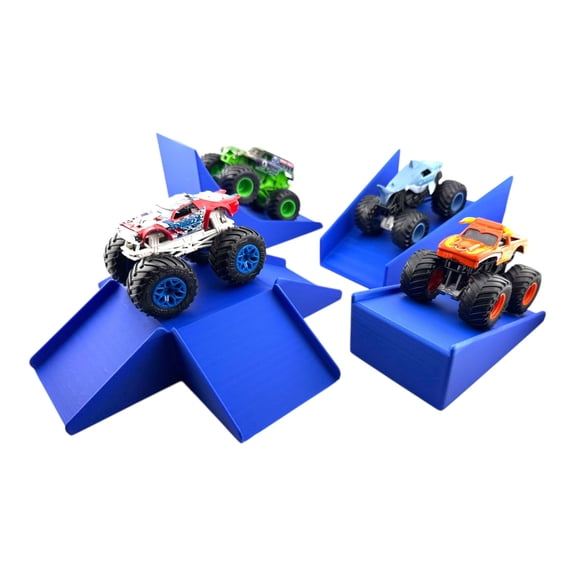 Jeff Did It - Compatible with Hot Wheels Monster Truck / Car 4 Ramp Set - Free Style 2 Lanes Wide - Blue  1:64 Scale - Anti-Slip Rubber Feet