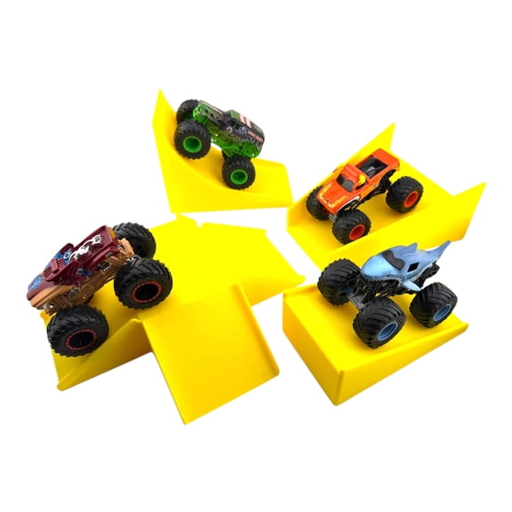 Jeff Did It - Compatible with Hot Wheels Monster Truck / Car 4 Ramp Set - Free Style 2 Lanes Wide - Yellow  1:64 Scale - Anti-Slip Rubber Feet