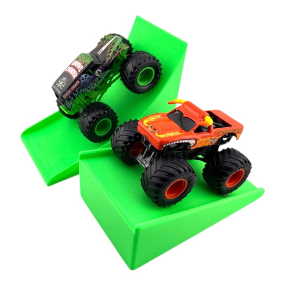 Jeff Did It - Hot Wheels Style Monster Truck / Car - Bright Green 2 Lane Medium MT Jump and Stunt Ramp Free Style 1:64 Scale - Anti-Slip Rubber Feet