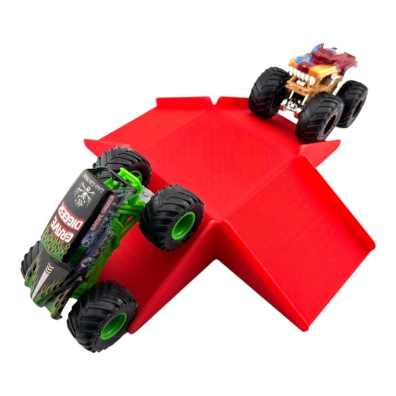 Jeff Did It - Compatible with Hot Wheels Monster Truck / Car - Free Style 2 Lanes Wide - Red 4 Way Table Top Jump 1:64 Scale - Anti-Slip Rubber Feet