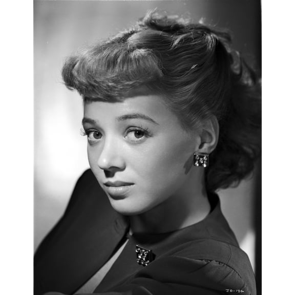 Jeff Donnell Portrait in Black Linen Long Sleeve Suit Dress and Earrings with Brooch on the Left Collar Photo Print (8 x 10)