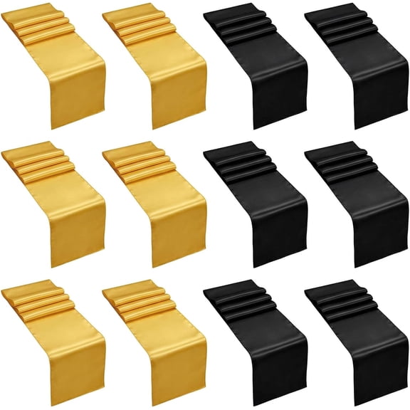 Jeffbaubl 12 Pack Graduation Satin Table Runners, 12 x 108 Inch Satin Table Runner, Long Smooth Tables Runner for Wedding Party Birthday Banquet Graduations Decoration(Black, Gold)