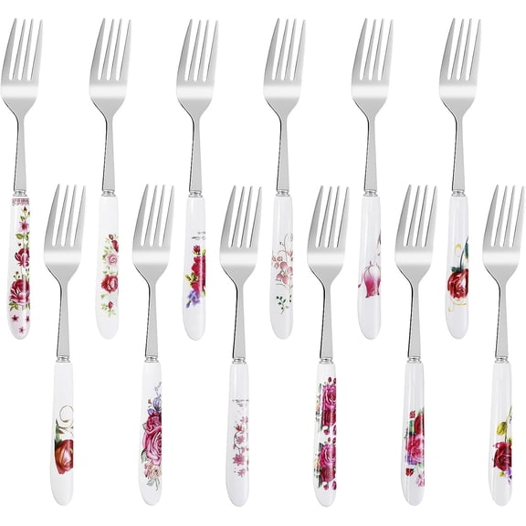 Jeffbaubl 12 Pcs Dinner Forks, Stainless Steel Dessert Forks with Ceramic Handle, Floral Design Flatware for Home & Restaurant (12 Floral Patterns)