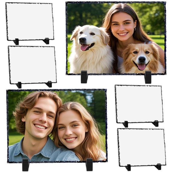 Jeffbaubl 6Pcs Sublimation Slate Blanks, 7.5x5.5In Heat Transfer Photo Plaque, Stone Photo Frames with Display Stand, Rectangular Picture Stone Frame for DIY Personalized Wedding Birthday A101