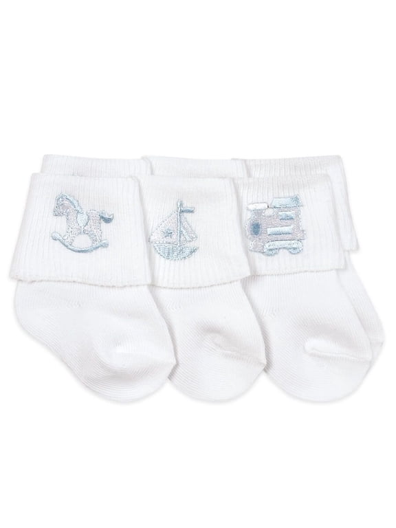 Baby Boys Applique Embroidered Cotton Turn Cuff Socks 3 Pair Pack