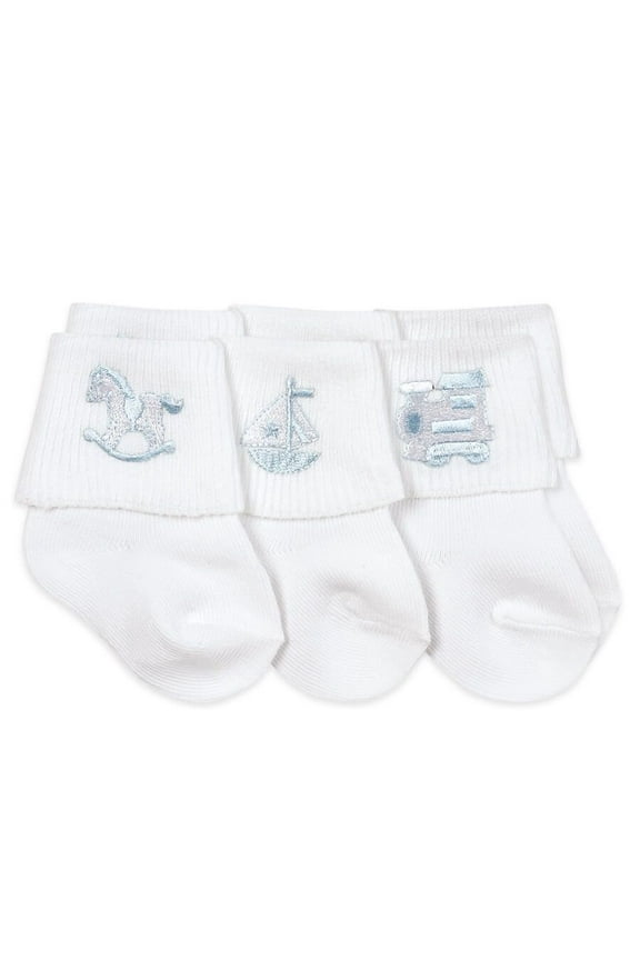 Baby Boys Applique Embroidered Cotton Turn Cuff Socks 3 Pair Pack