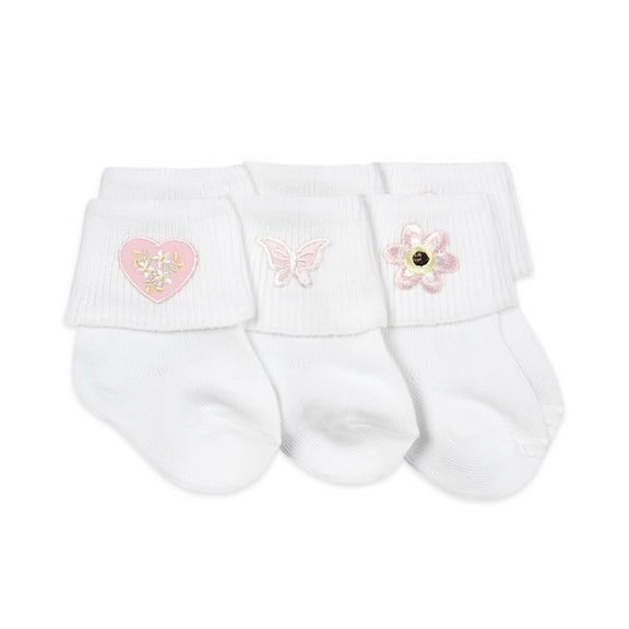 Jefferies Socks Baby Girls Applique Embroidered Cotton Turn Cuff Socks 3 Pair Pack