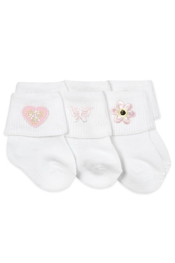 Baby Girls Applique Embroidered Cotton Turn Cuff Socks 3 Pair Pack