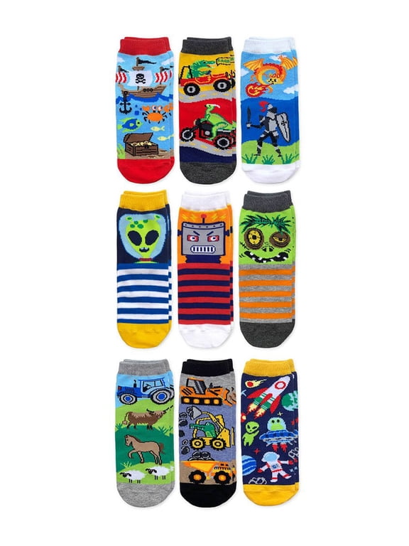 Boy's Dinosaur Pirate Alien Robot Zombie Pattern Crew Socks 9 Pack