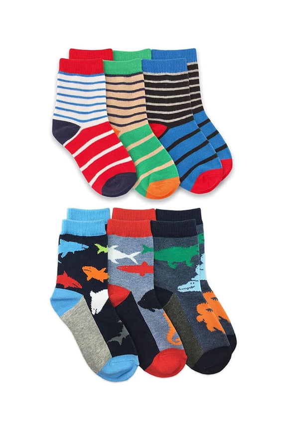 Boy's Novelty Stripe Water Animals Pattern Crew Socks 6 Pair Pack