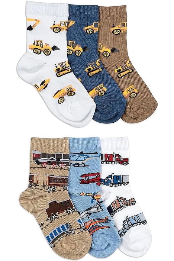 Boys Airplane Train Bulldozer Pattern Novelty Crew Socks 6 Pair Pack