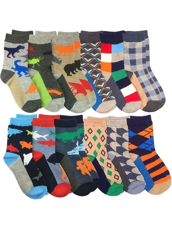 Boys Colorful Animal Fashion Pattern Dress Crew Socks 12 Pair Pack