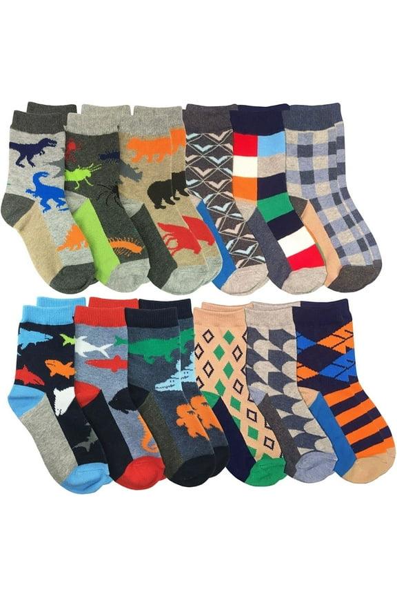 Boys Colorful Animal Fashion Pattern Dress Crew Socks 12 Pair Pack