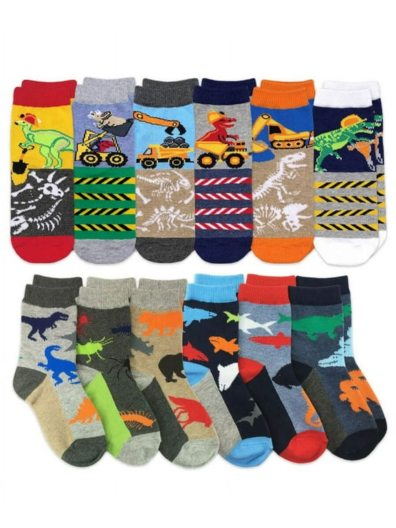 Boys Colorful Dinosaur Shark Construction Crew Socks 12 Pair Pack