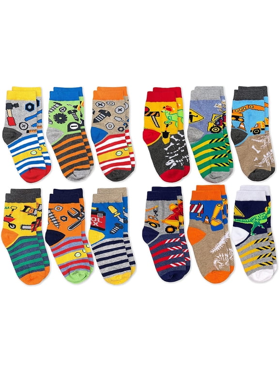 Boys Construction Dinosaurs Tools Pattern Variety Crew Socks 12 Pair Pack