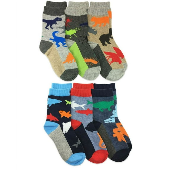 Jefferies Socks Boys Dinosaur Shark Fish Animal Crew Socks 6 Pair Pack