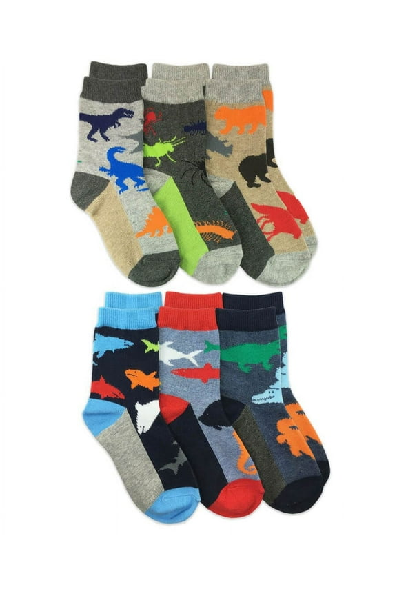 Boys Dinosaur Shark Fish Animal Crew Socks 6 Pair Pack