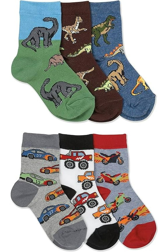 Boys Dinosaurs Race Car Pattern Novelty Crew Socks 6 Pair Pack