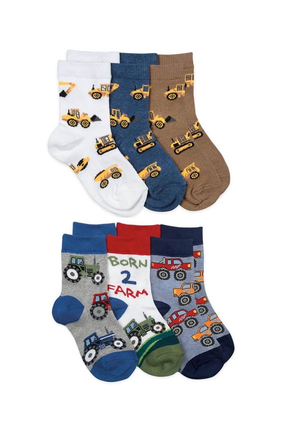 Boys Farm Construction Pattern Crew Socks 6 Pair Pack