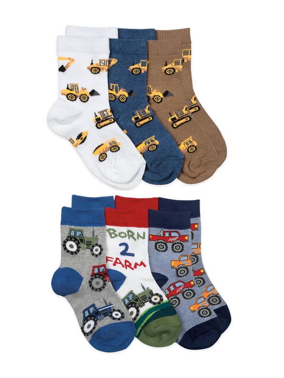 Boys Farm Construction Pattern Crew Socks 6 Pair Pack