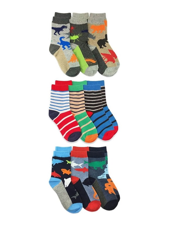Boys Fashion Dinosaur Shark Animal Stripe Pattern Crew Socks 9 Pair Pack