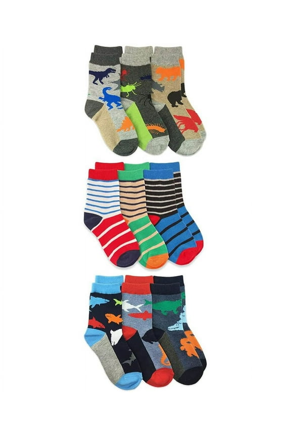 Boys Fashion Dinosaur Shark Animal Stripe Pattern Crew Socks 9 Pair Pack