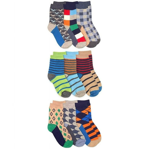 Jefferies Socks Boys Fashion Stripe Argyle Diamond Colorful Pattern Crew Socks 9 Pair Pack